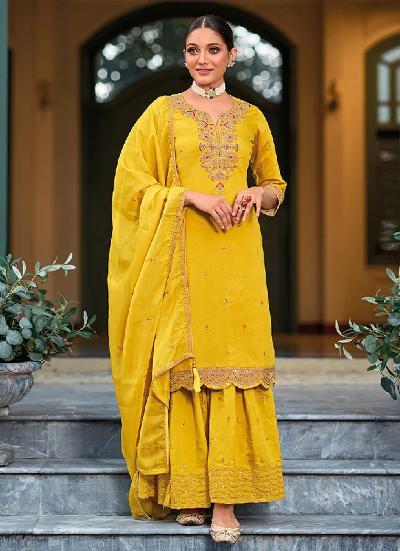 Yellow Handwork Embroidery Sharara Palazzo Suit