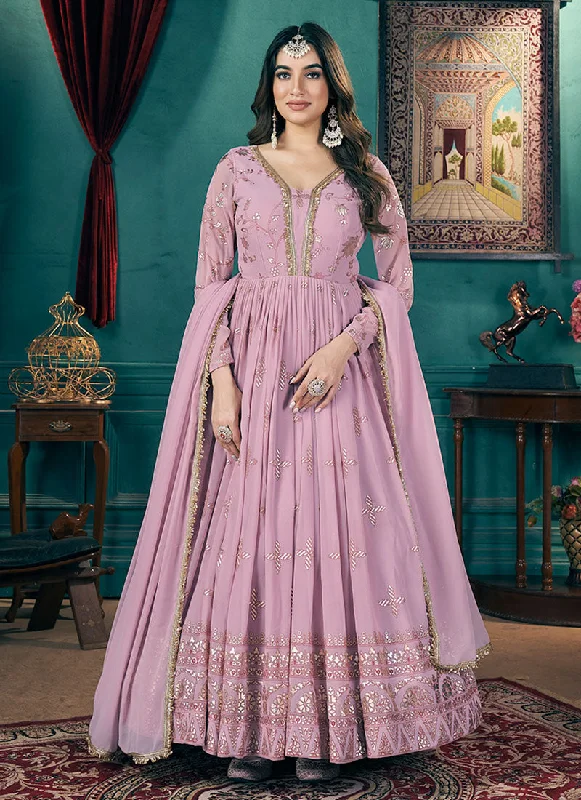 Lavender Metallic Foil Work Embellished Anarkali Suit