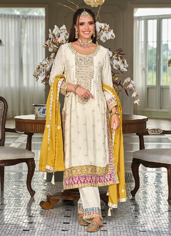 Cream White And Yellow Multi Embroidery Traditional Salwar Suit