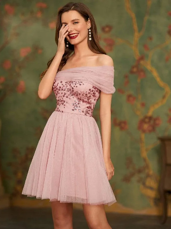 Off the Shoulder Sequin Bodice Above Knee Length Tulle Prom Dress