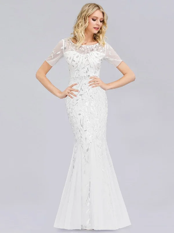 Floral Sequin Outdoor Wedding Dress with Short Sleeves