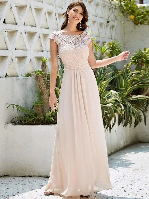 Elegant Maxi Long Lace Cap Sleeve Bridesmaid Dress