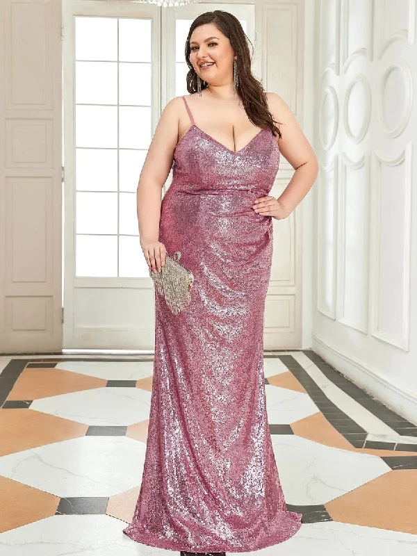 Sexy Spaghetti Straps Plus Size Sequin Evening Gowns for Women