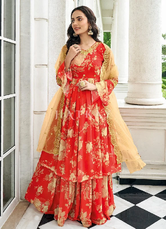 Rouge Red Floral Print Sharara Suit