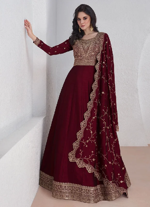 Maroon Sequence Embroidery Anarkali Gown With Dupatta