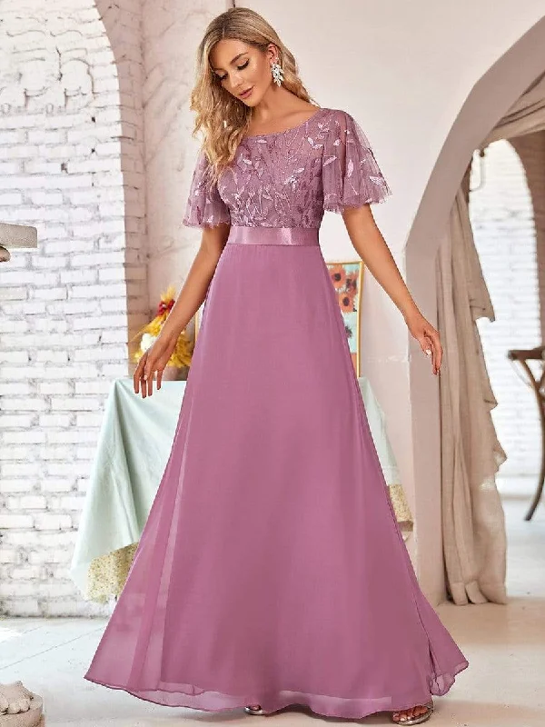 Romantic Round Neck Ruffle Sleeves Chiffon & Sequin Prom Dress