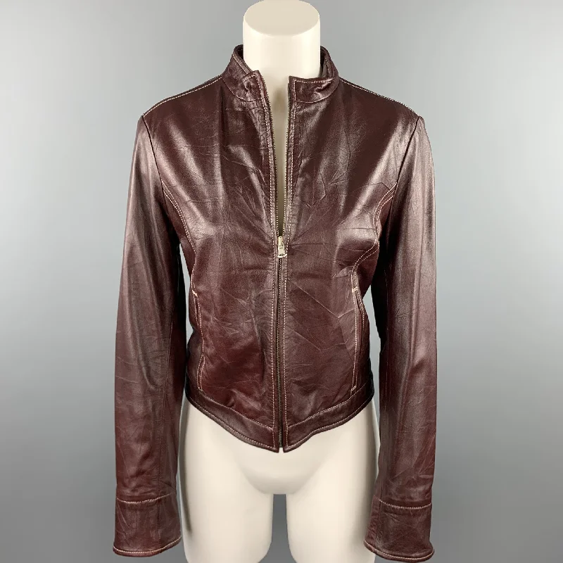 LOT78 Size 8 Burgundy Contrast Stitch Leather Zip Up Jacket