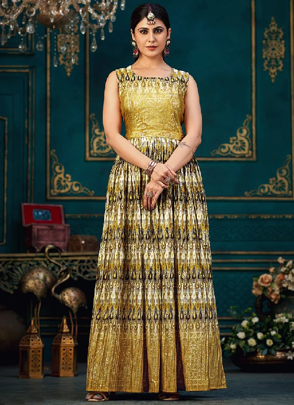 Mustard Yellow Printed Traditional Anarkali Gown