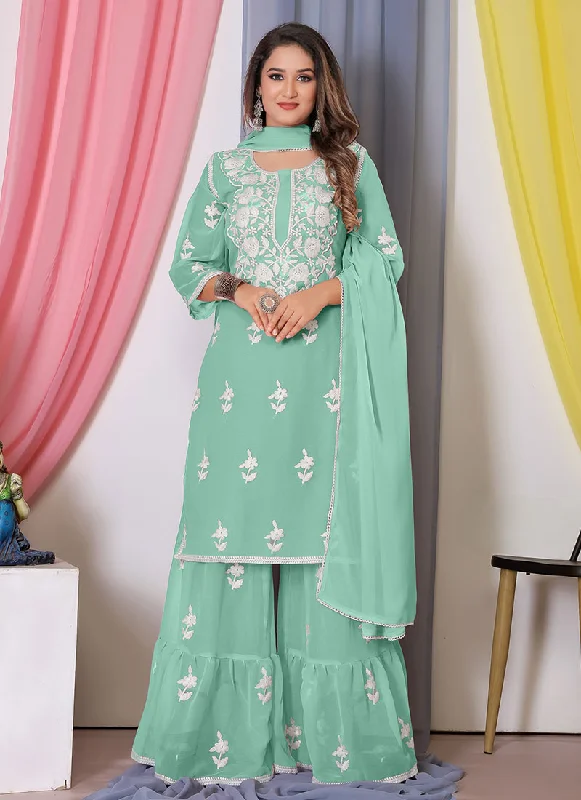 Sea Green Lucknowi Thread Embroidery Palazzo Suit