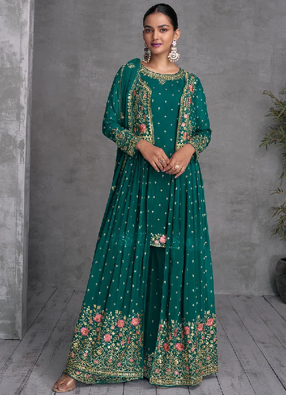 Dark Green Multi Embroidered Jacket Style Gharara Suit