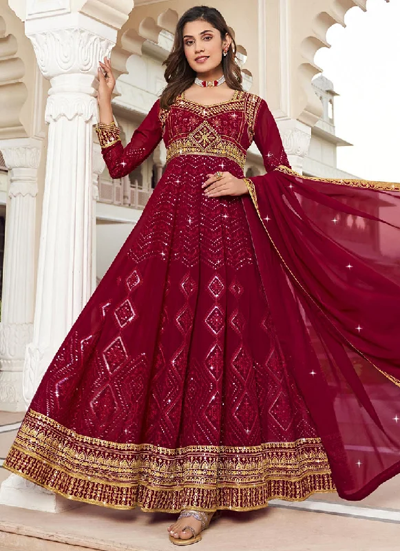 Red Sequence Embroidery Georgette Anarkali Suit