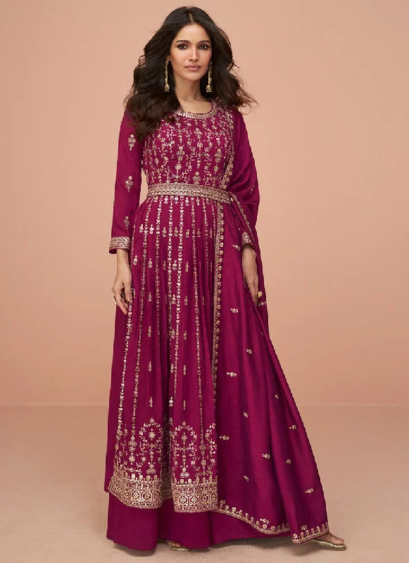 Magenta Thread And Sequence Embroidery High Slit Palazzo Suit