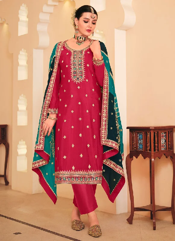 Magenta Multicolored Embroidery Straight Cut Salwar Kameez