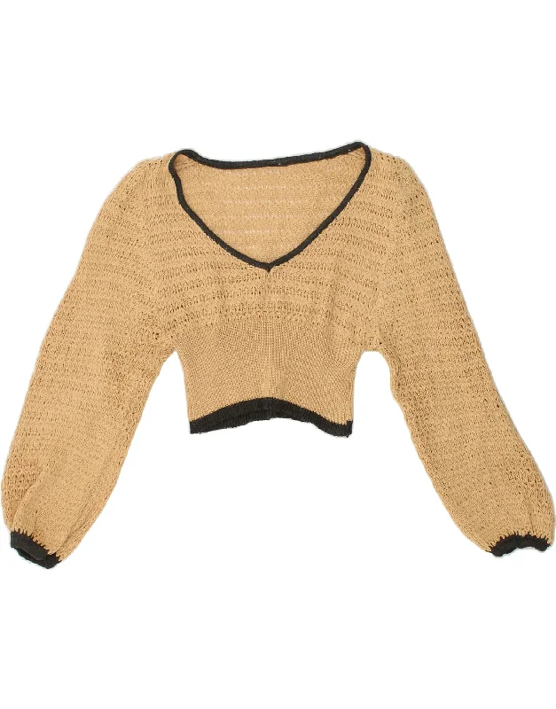 SHEIN Womens Crop V-Neck Jumper Sweater UK 12 Medium Beige Acrylic