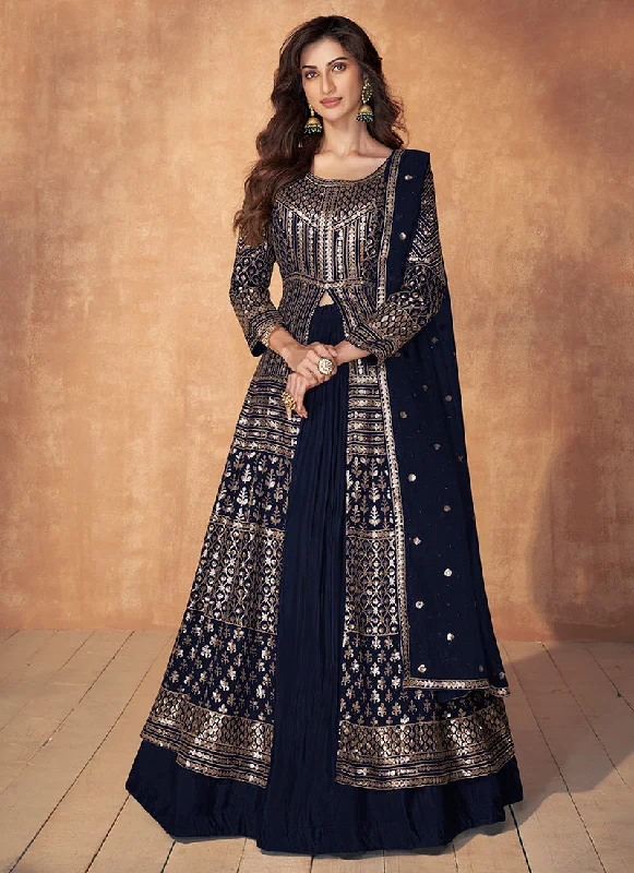 Navy Blue Sequence Embroidery Slit Style Anarkali Lehenga