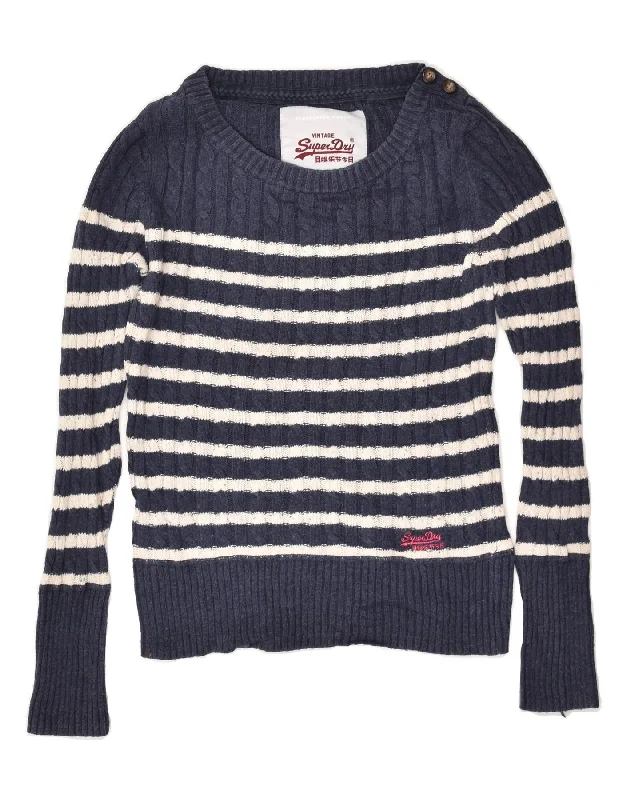 SUPERDRY Womens Boat Neck Jumper Sweater UK 12 Medium Navy Blue Striped