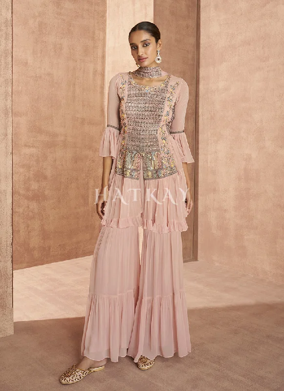 Soft Peach Sequence Embroidered Gharara Style Suit