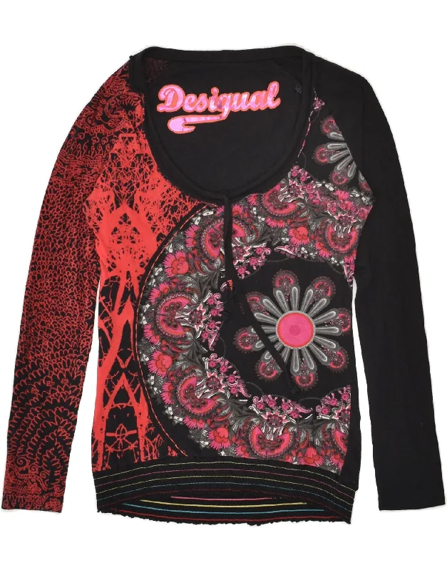 DESIGUAL Womens Graphic Crew Neck Jumper Sweater UK 10 Small Black Floral