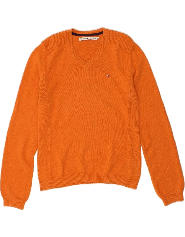 TOMMY HILFIGER Womens V-Neck Jumper Sweater UK 14 Large Orange Cotton