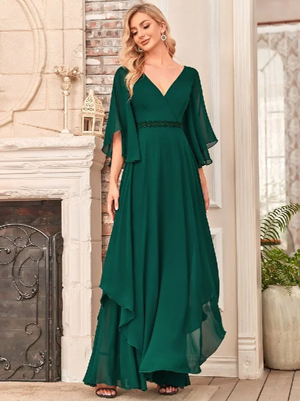 Elegant V-Neck Ruffle Sleeve Mother of the Bride Dress