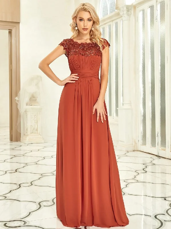 Elegant Floor-Length Lace Cap Sleeve Bridesmaid Dress