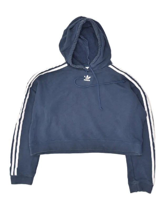 ADIDAS Womens Crop Hoodie Jumper UK 12 Medium Navy Blue Cotton