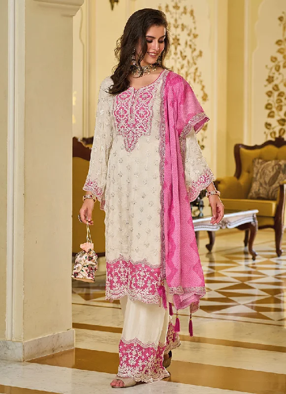 White And Pink Embroidered Traditional Salwar Kameez