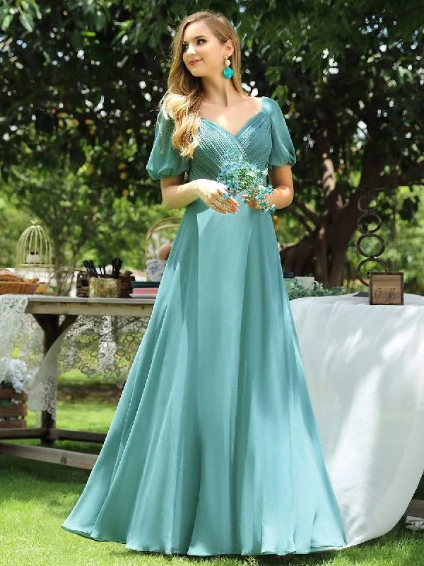 V-neck Lantern Sleeves Maxi Chiffon Bridesmaid Dress