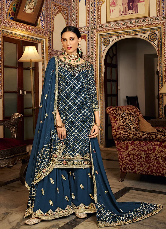 Turquoise Blue Multi Embroidery Traditional Palazzo Suit