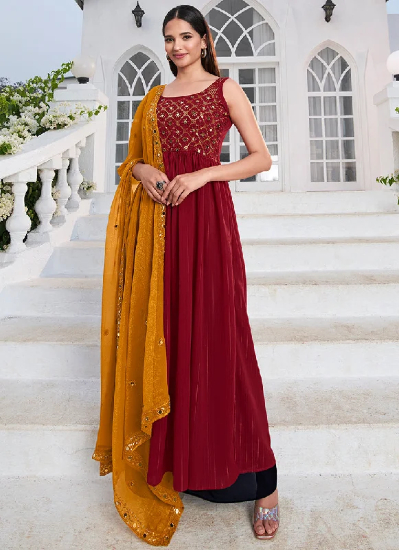 Deep Red Embroidery High Slit Anarkali Suit