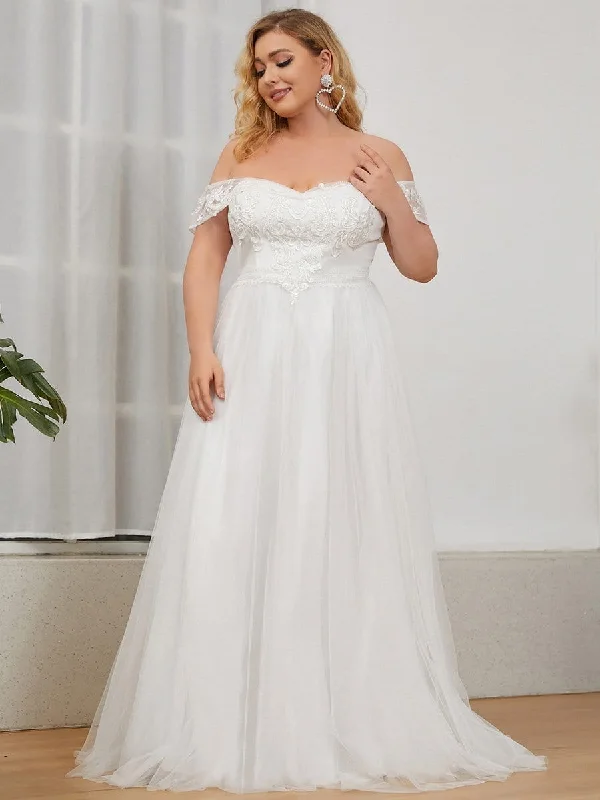 Plus Size Off-Shoulder Vintage Lace A-Line Wedding Dress