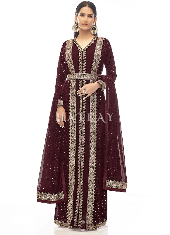 Deep Maroon Embroidered Jacket Style Pant Suit