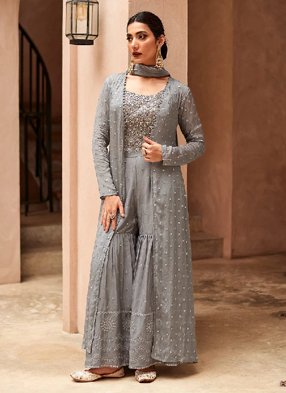 Grey Mirror Work Embroidered Jacket Style Palazzo Suit