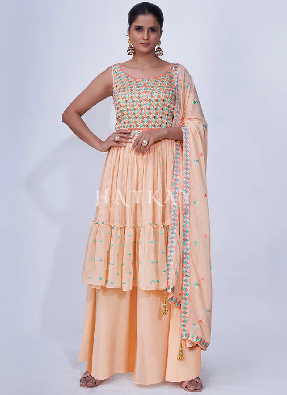 Peach Mirror Work Multi Embroidery Chiffon Palazzo Suit