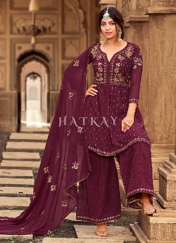 Deep Wine Zari Embroidery Festive Gharara Suit