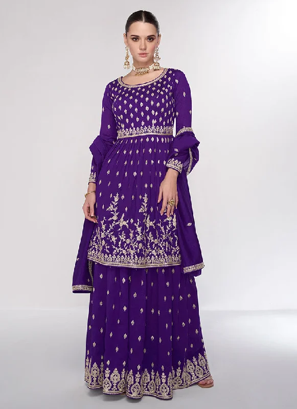 Purple Sequence Embroidery Wedding Gharara Style Suit