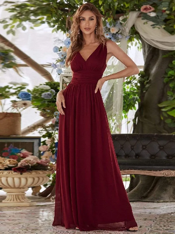 Sleeveless V-Neck Plain Maxi Chiffon Bridesmaid Dress