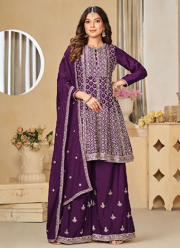 Deep Purple Reshamkari Embroidery Festive Palazzo Suit