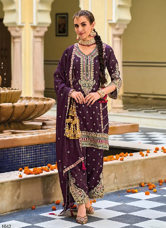 Deep Wine Multi Embroidery Traditional Pant Style Suit