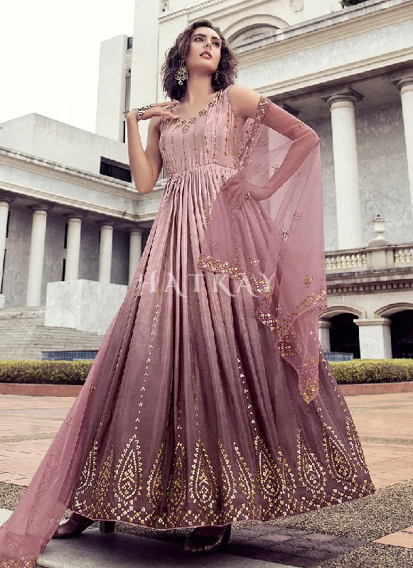 Powder Pink Sequence Embroidery Shaded Kalidar Anarkali Gown