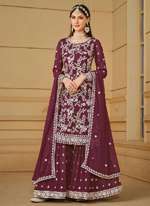 Wine Thread And Sequence Embroidery Gharara Suit