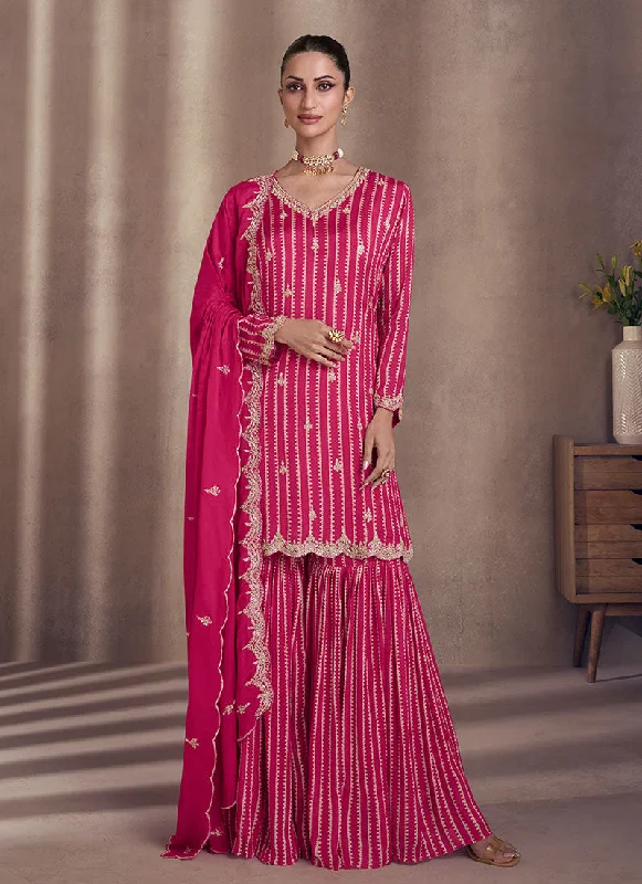 Hot Pink All Over Sequence Embroidery Designer Sharara Suit