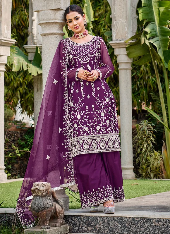 Deep Purple Thread Embroidery Festive Palazzo Suit