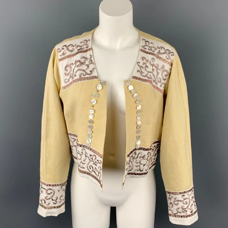 DRIES VAN NOTEN Size 4 Beige Embroidered Linen Open Front Jacket