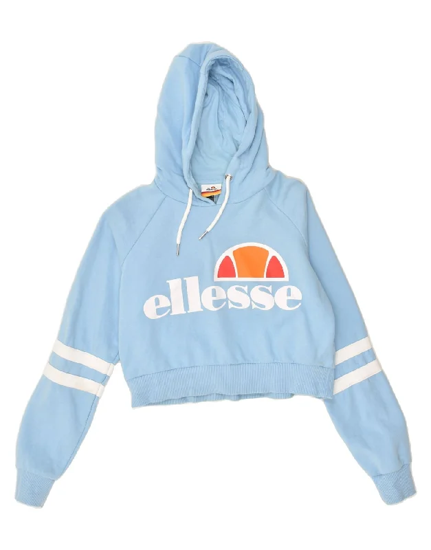 ELLESSE Womens Crop Graphic Hoodie Jumper UK 10 Small Blue Cotton