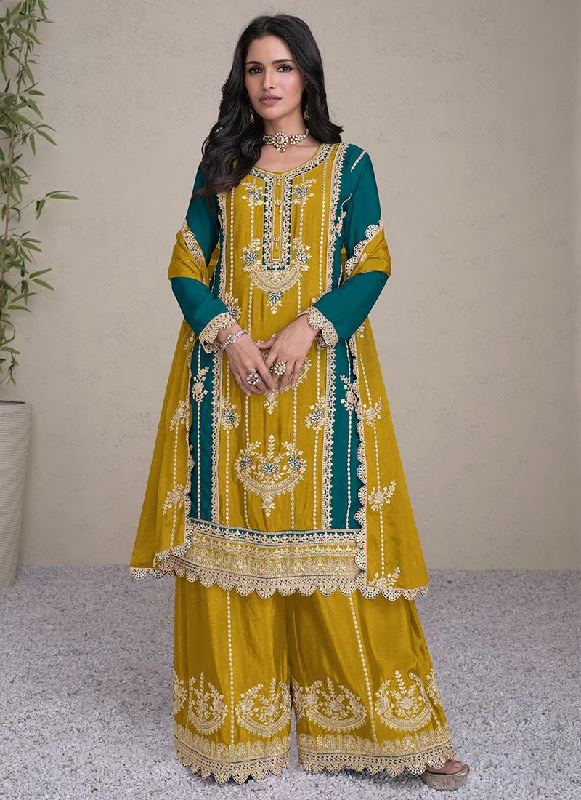 Yellow And Green Embroidery Festive Palazzo Suit