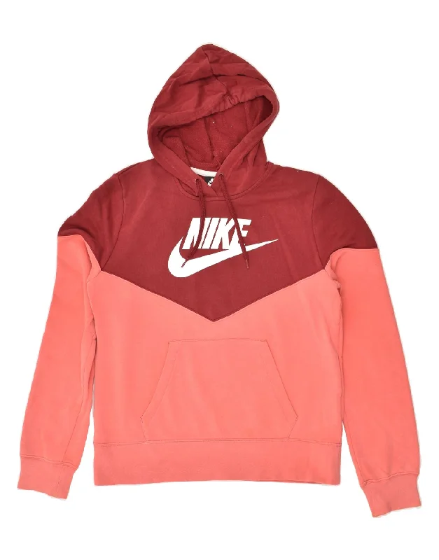 NIKE Womens Graphic Hoodie Jumper UK 14 Medium Pink Colourblock Cotton