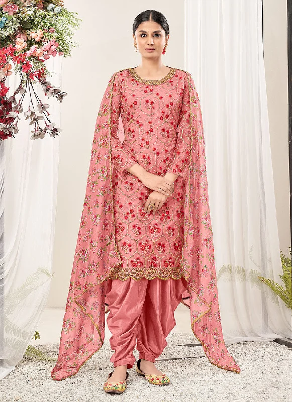 Pink Multi Floral Embroidery Traditional Patiala Suit