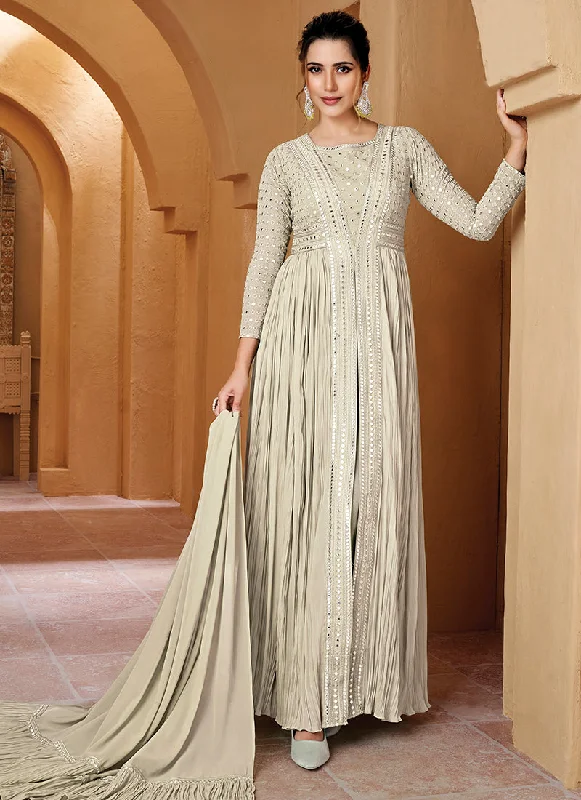 Beige Mirror Work Embroidery Slit Style Anarkali Suit