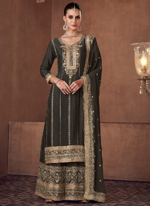 Olive Green Sequence Embroidery Festive Palazzo Suit